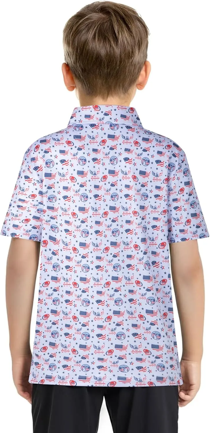 Boys Polo Shirt Short Sleeve Performance Dry Fit Stretch Funny Print Active Casual Collared Golf Shirts for Boy