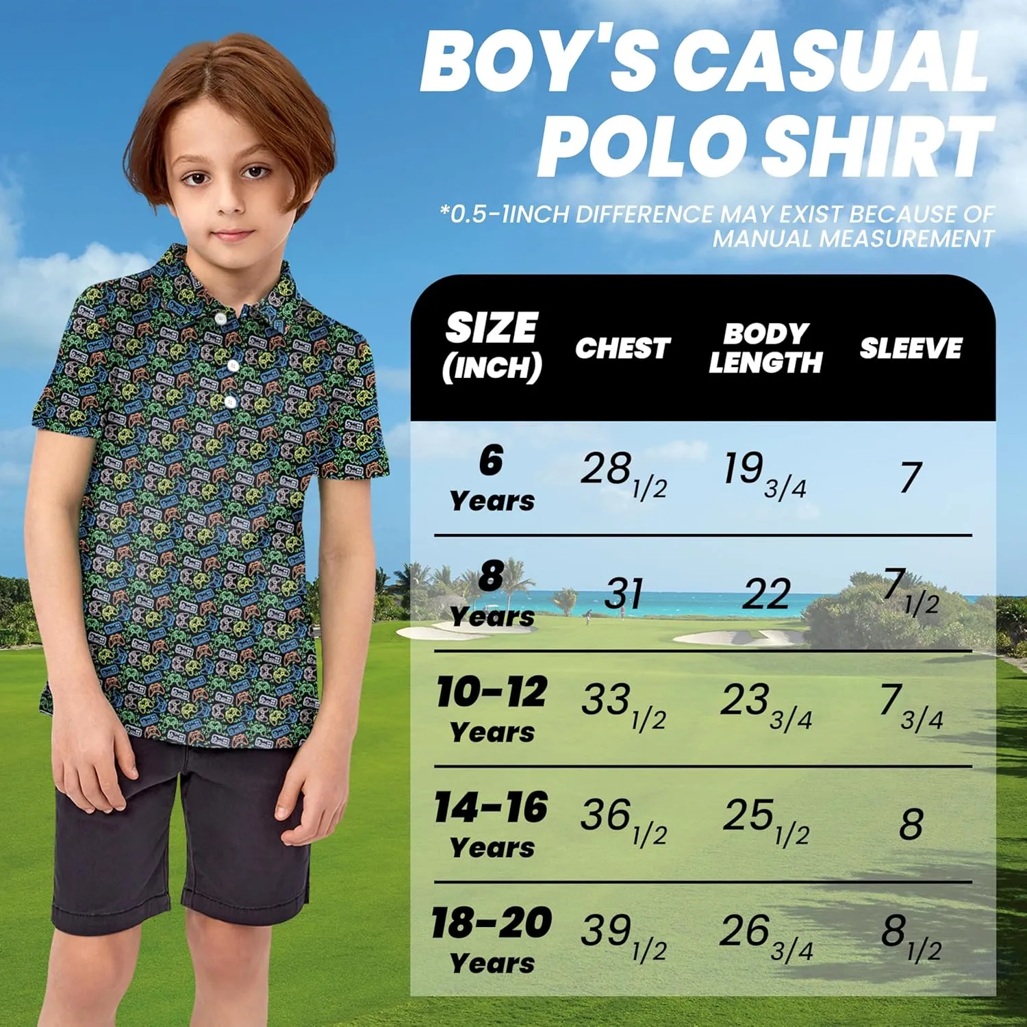 Boys Polo Shirt Short Sleeve Performance Dry Fit Stretch Funny Print Active Casual Collared Golf Shirts for Boy