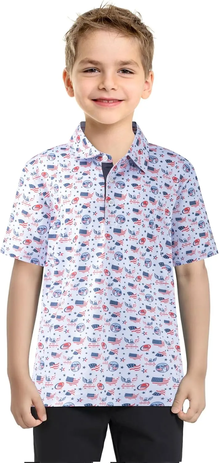 Boys Polo Shirt Short Sleeve Performance Dry Fit Stretch Funny Print Active Casual Collared Golf Shirts for Boy