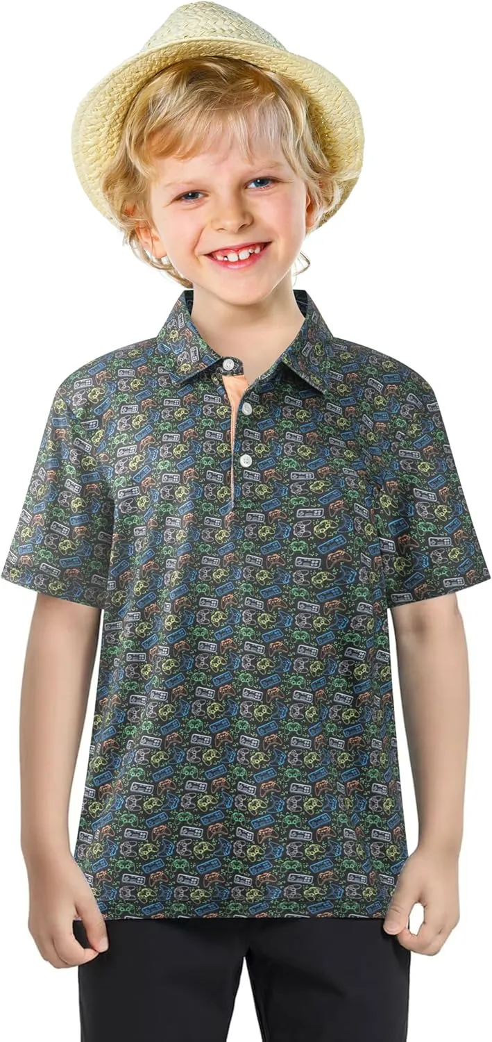 Boys Polo Shirt Short Sleeve Performance Dry Fit Stretch Funny Print Active Casual Collared Golf Shirts for Boy