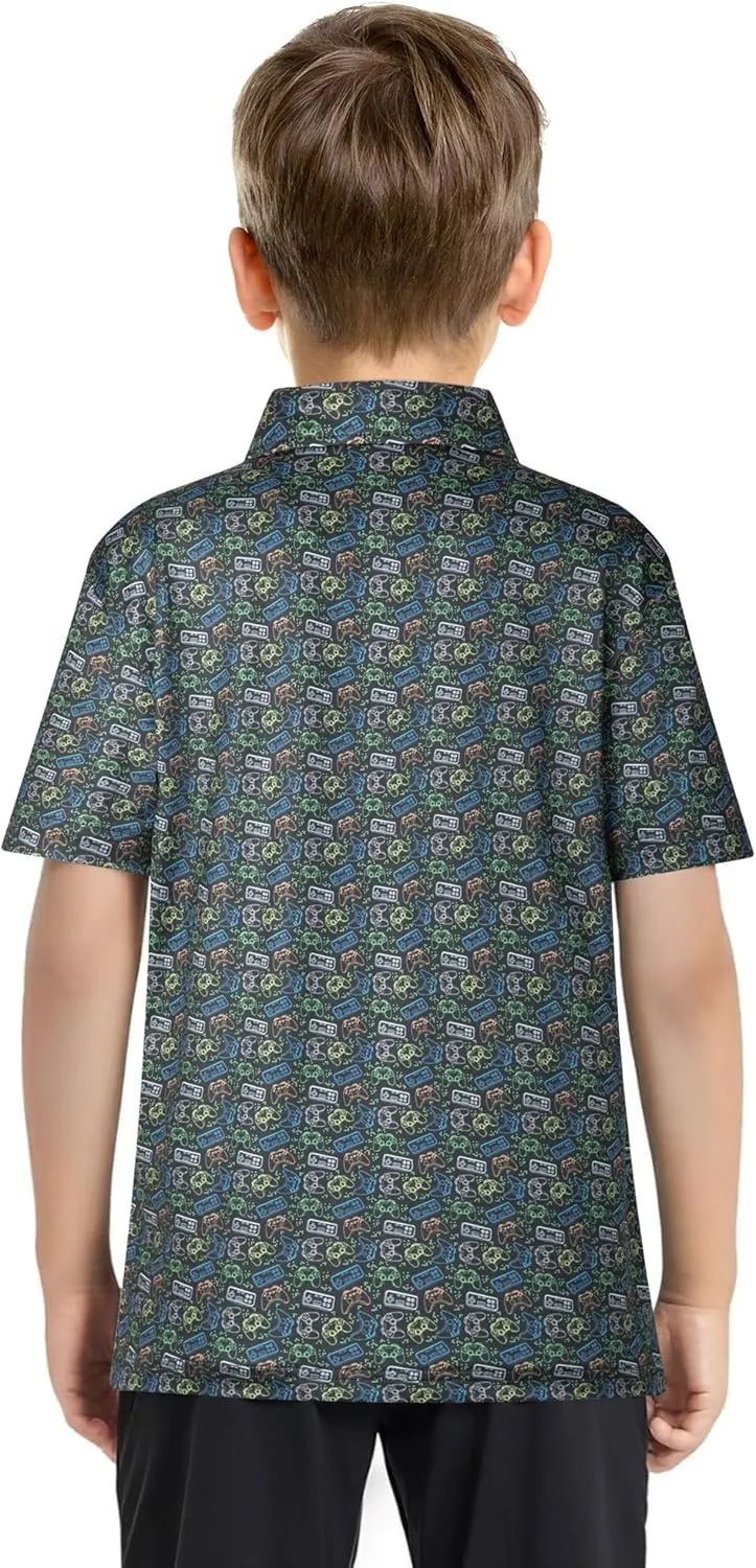 Boys Polo Shirt Short Sleeve Performance Dry Fit Stretch Funny Print Active Casual Collared Golf Shirts for Boy