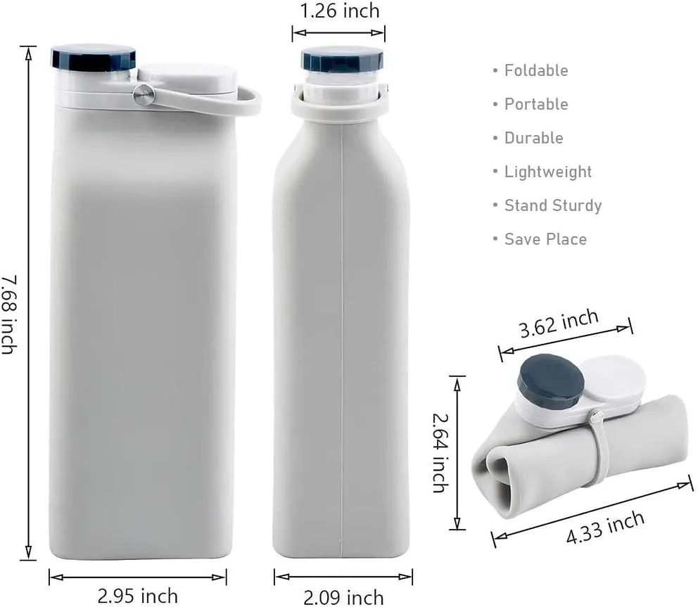 Collapsible Water Bottle BPA Free - 20 oz Foldable Water Bottle for Travel Sports Bottles with Triple Leak Proof Lightweight (Grey)