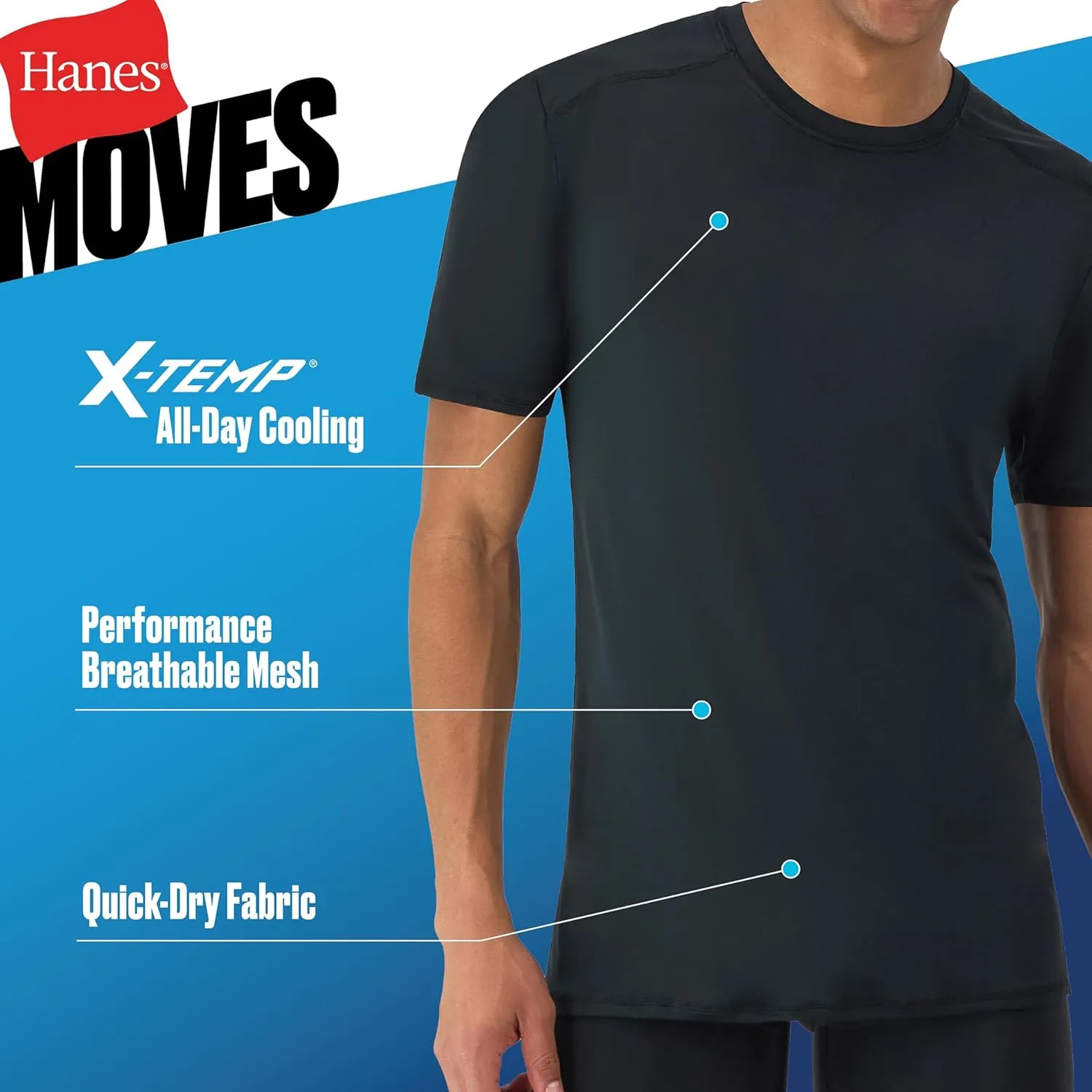 Hanes Men's Moves Breathable Mesh Back T-Shirt, X-Temp Moisture-Wicking Tee, White or Black/Grey, 3-Pack