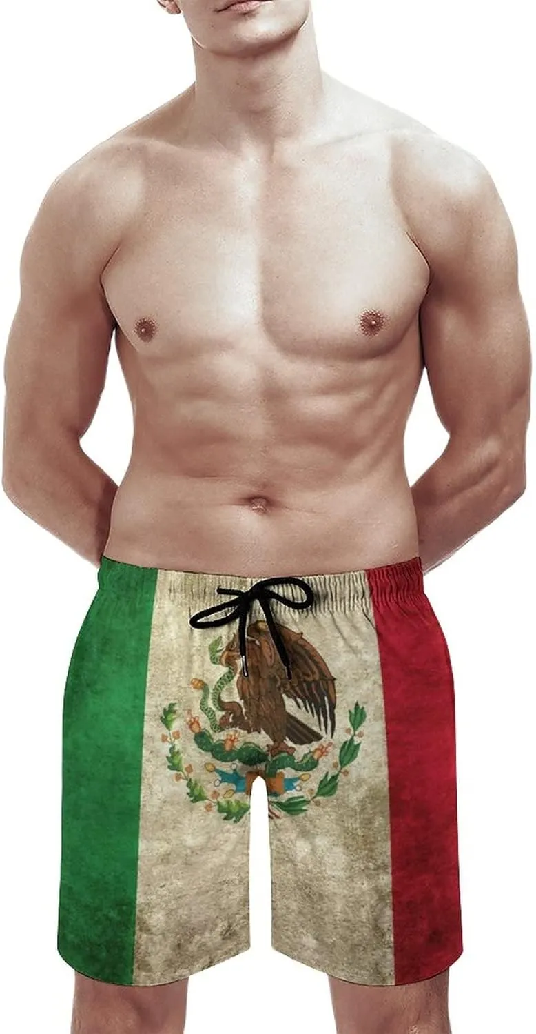 Men's Mexican Flag Board Shorts Summer Quick Dry Swim Trunks Swimwear