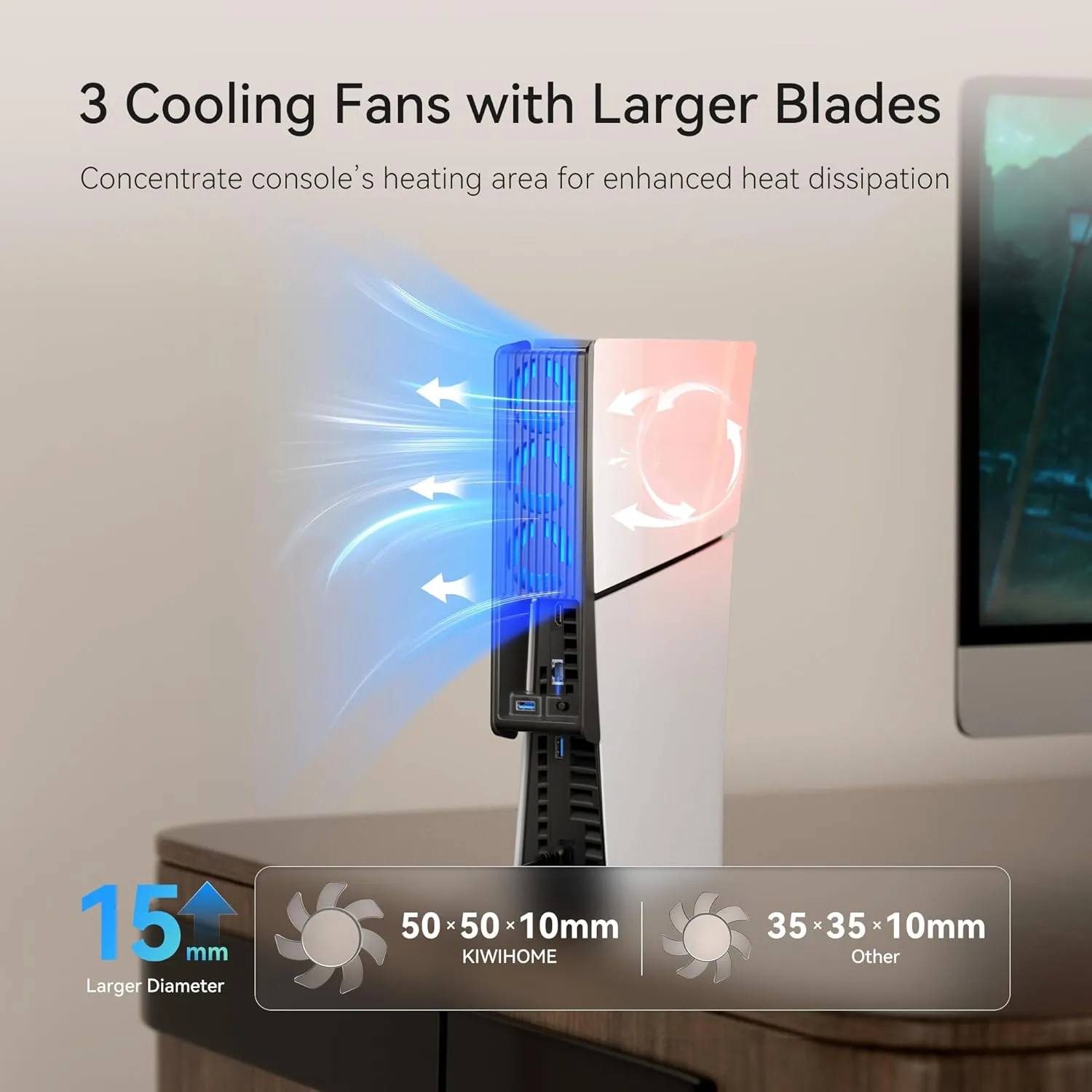 PS5 Slim Cooling Fan, KIWIHOME Efficient Cooling Accessories with 3 Fans, Quiet Cooler fan with Adjustable Speed, Smart Power On/Off, LED Light and USB3.0 Port for PS5 Slim Digital/Discs Edition