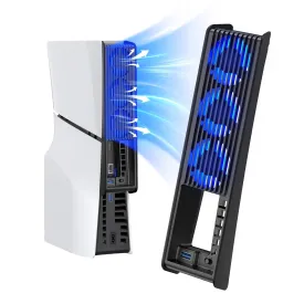 PS5 Slim Cooling Fan, KIWIHOME Efficient Cooling Accessories with 3 Fans, Quiet Cooler fan with Adjustable Speed, Smart Power On/Off, LED Light and USB3.0 Port for PS5 Slim Digital/Discs Edition