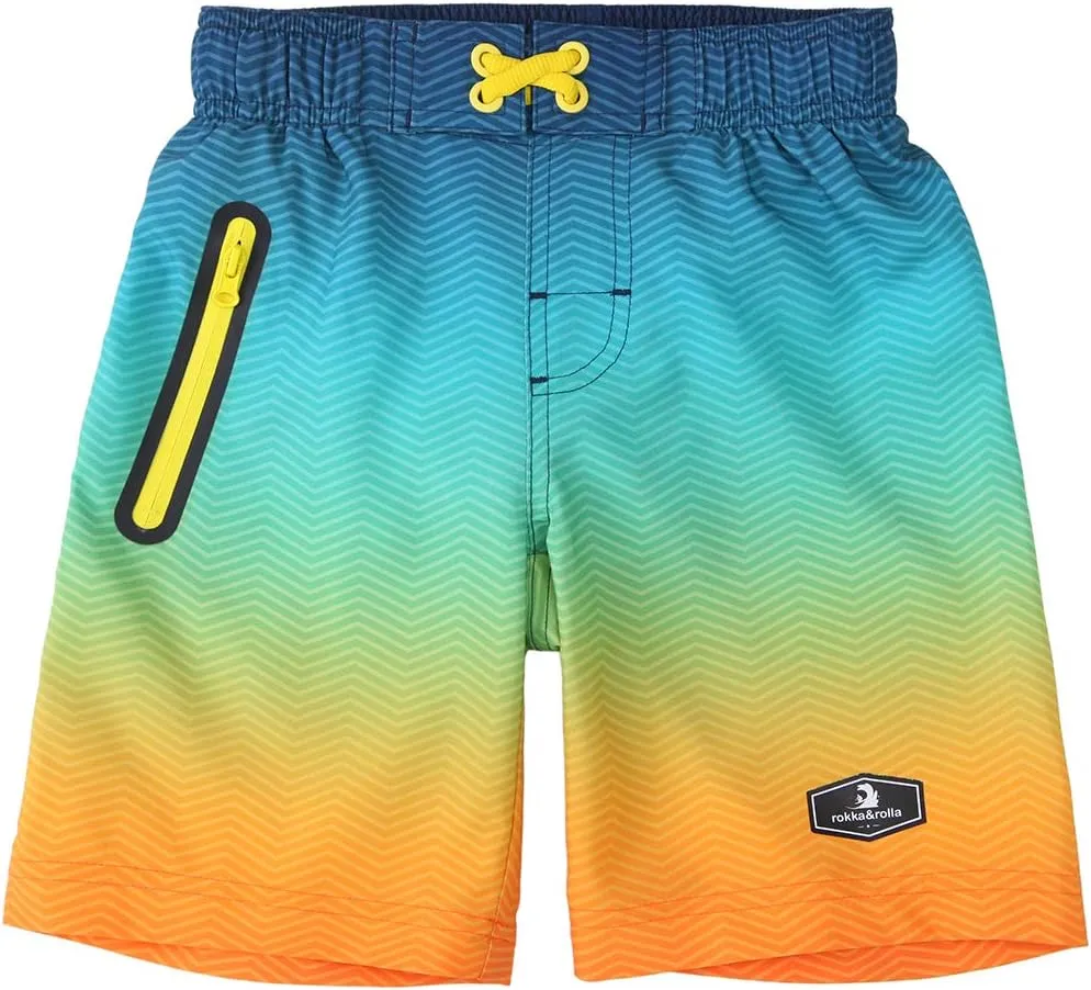 Rokka&Rolla Boys' 4-Way Stretch Swim Trunks Board Shorts Bathing Suit Swimwear with Mesh Lining, UPF 50 