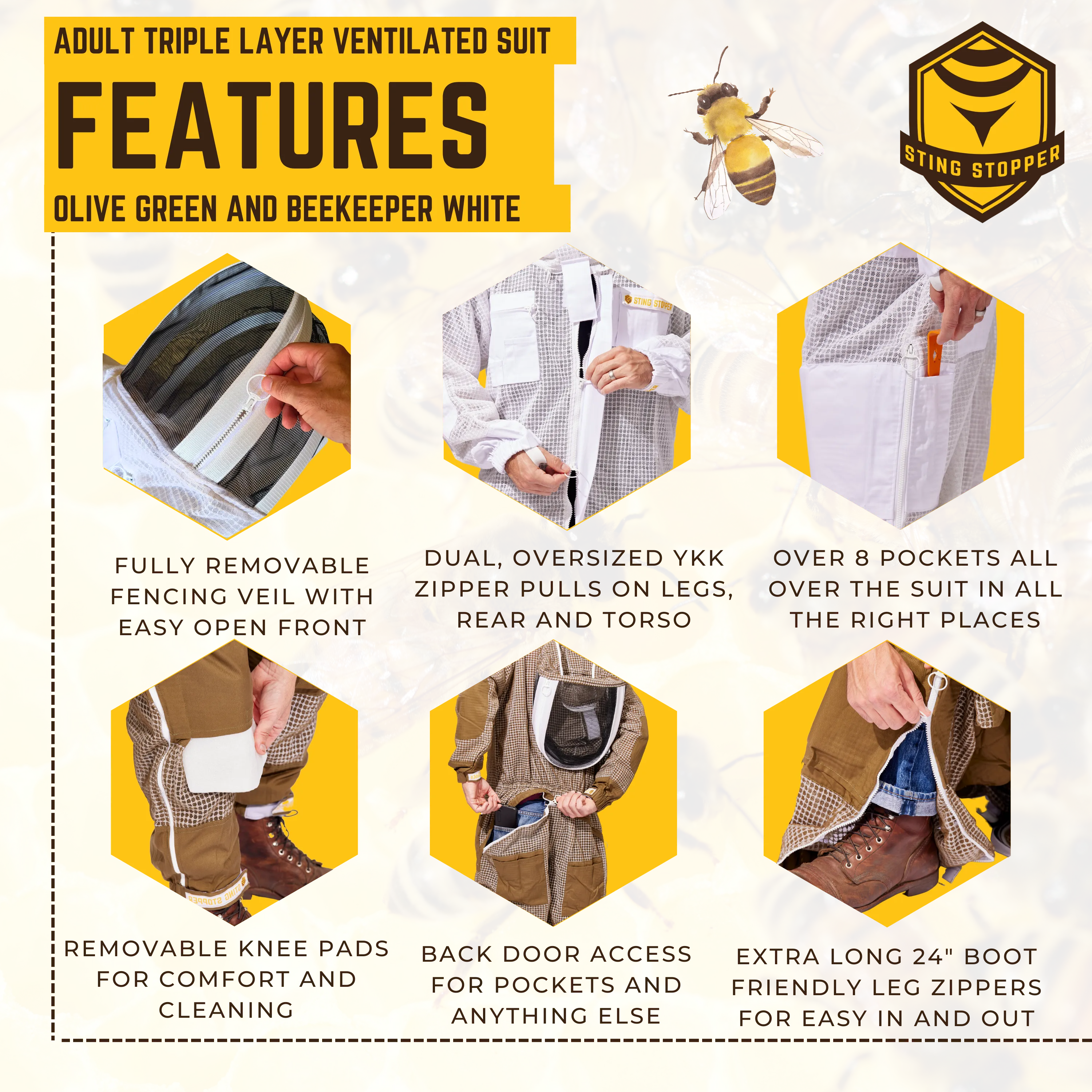 Sting Stopper Professional Ventilated Beekeeping Suit - Olive Green