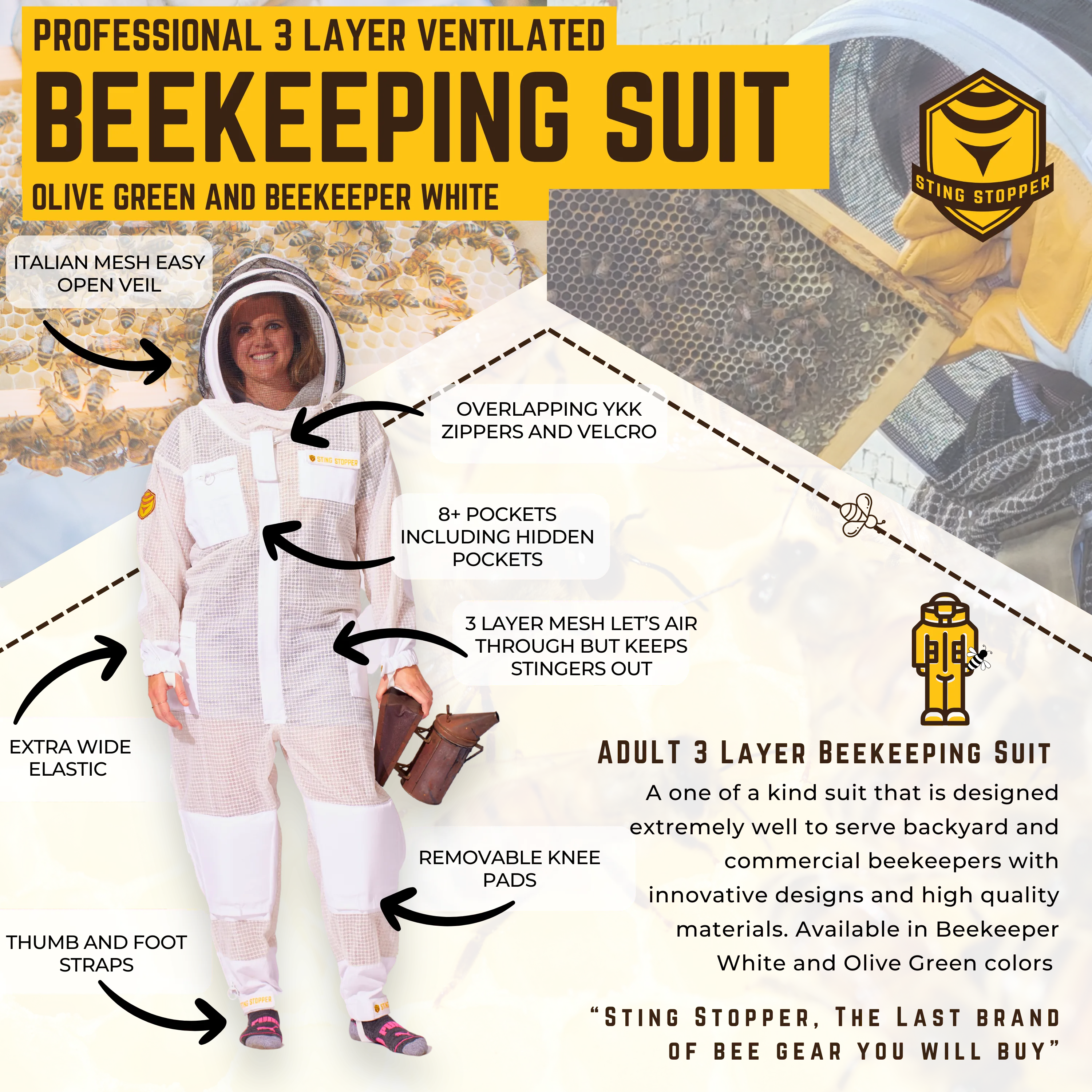 Sting Stopper Professional Ventilated Beekeeping Suit - Olive Green