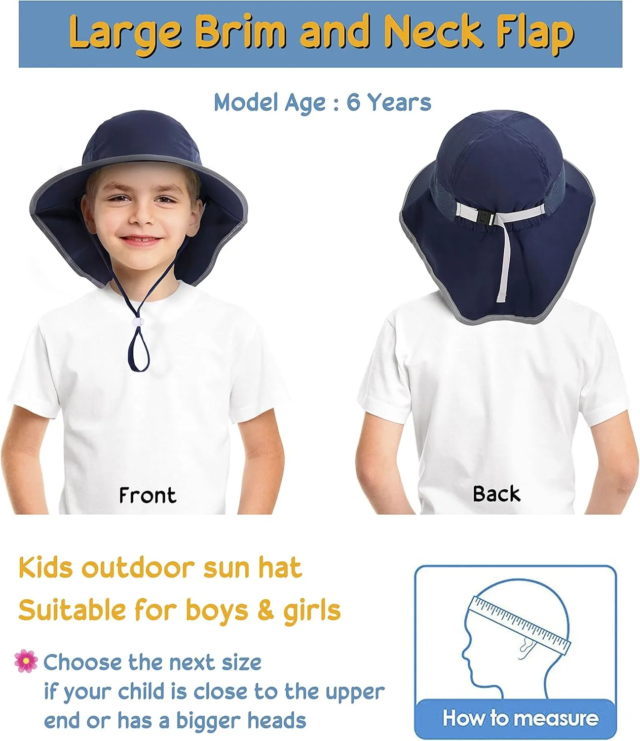 Sun Protection UPF 50  Kids Wide Brim Neck Flap Adjustable Safari Sun Hat