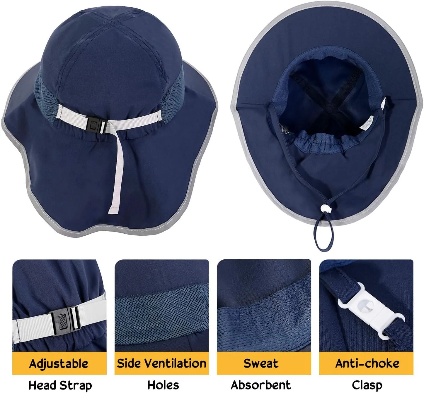 Sun Protection UPF 50  Kids Wide Brim Neck Flap Adjustable Safari Sun Hat