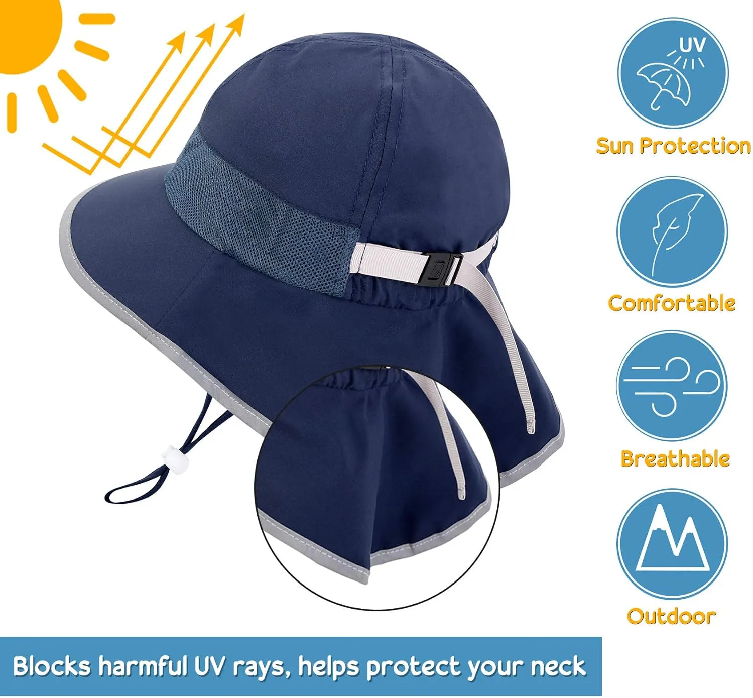 Sun Protection UPF 50  Kids Wide Brim Neck Flap Adjustable Safari Sun Hat