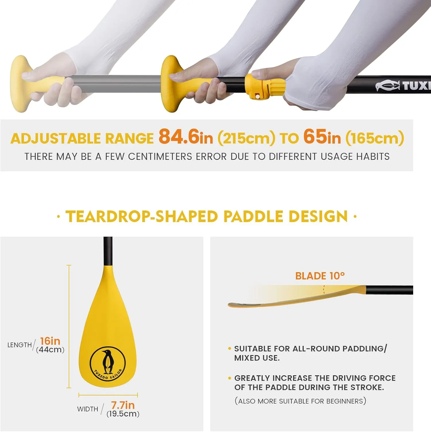 Tuxedo Sailor SUP Paddle - 3 Piece Adjustable Stand Up Paddle Board Paddle - Lightweight & Floating Paddle Board Oar - Durable and Packable, Reinforced Nylon Blades - Efficient Stroke