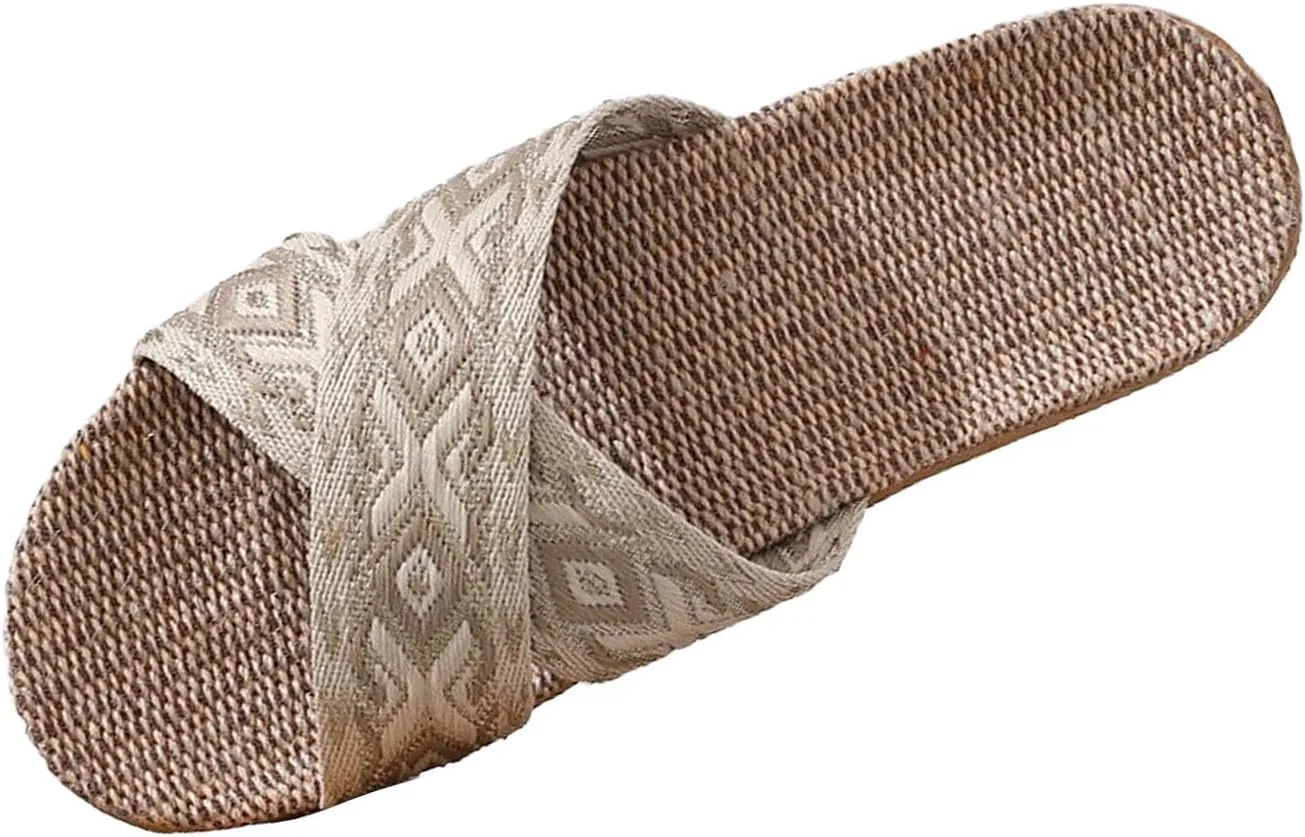 Unisex Linen Slippers Summer Skidproof Indoor Slippers Flax Men Women Boho House Slipper Open-Toe Breathable Beach Shoes
