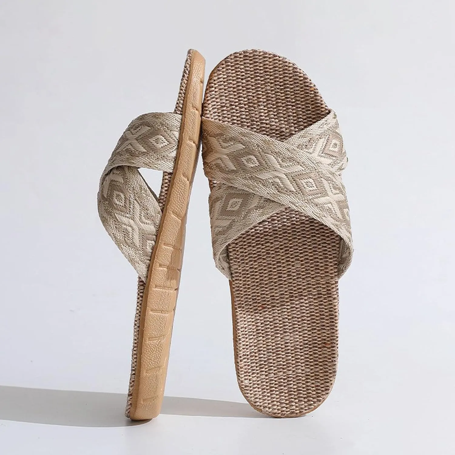 Unisex Linen Slippers Summer Skidproof Indoor Slippers Flax Men Women Boho House Slipper Open-Toe Breathable Beach Shoes