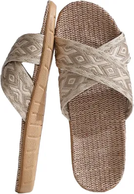 Unisex Linen Slippers Summer Skidproof Indoor Slippers Flax Men Women Boho House Slipper Open-Toe Breathable Beach Shoes