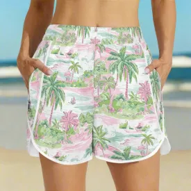 Women's High Waist Zipper Pocket Board Shorts, Island Tropical