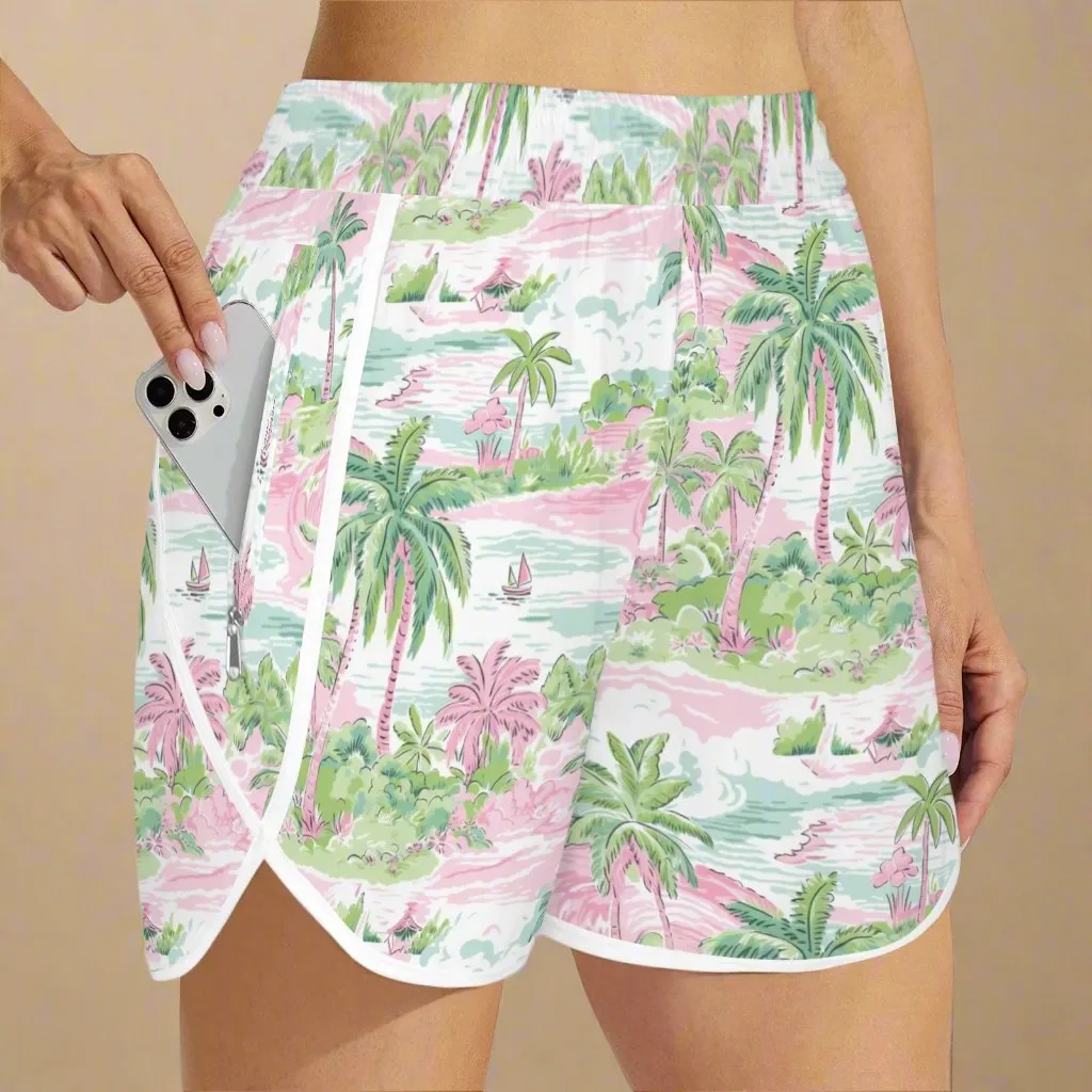 Women's High Waist Zipper Pocket Board Shorts, Island Tropical