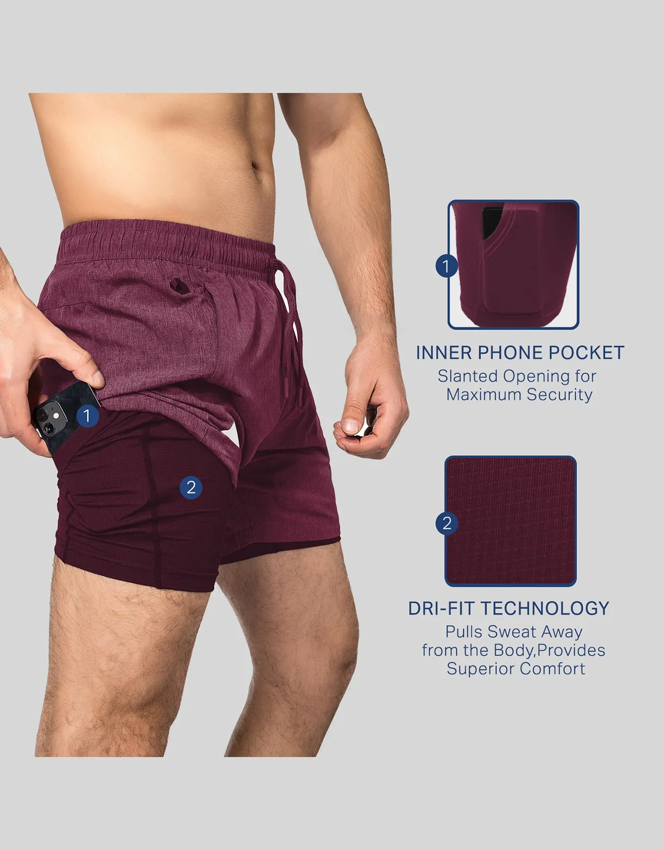 Zilpu Mens Quick Dry Athletic Performance Shorts wi/Zipper Pocket (5 inch)